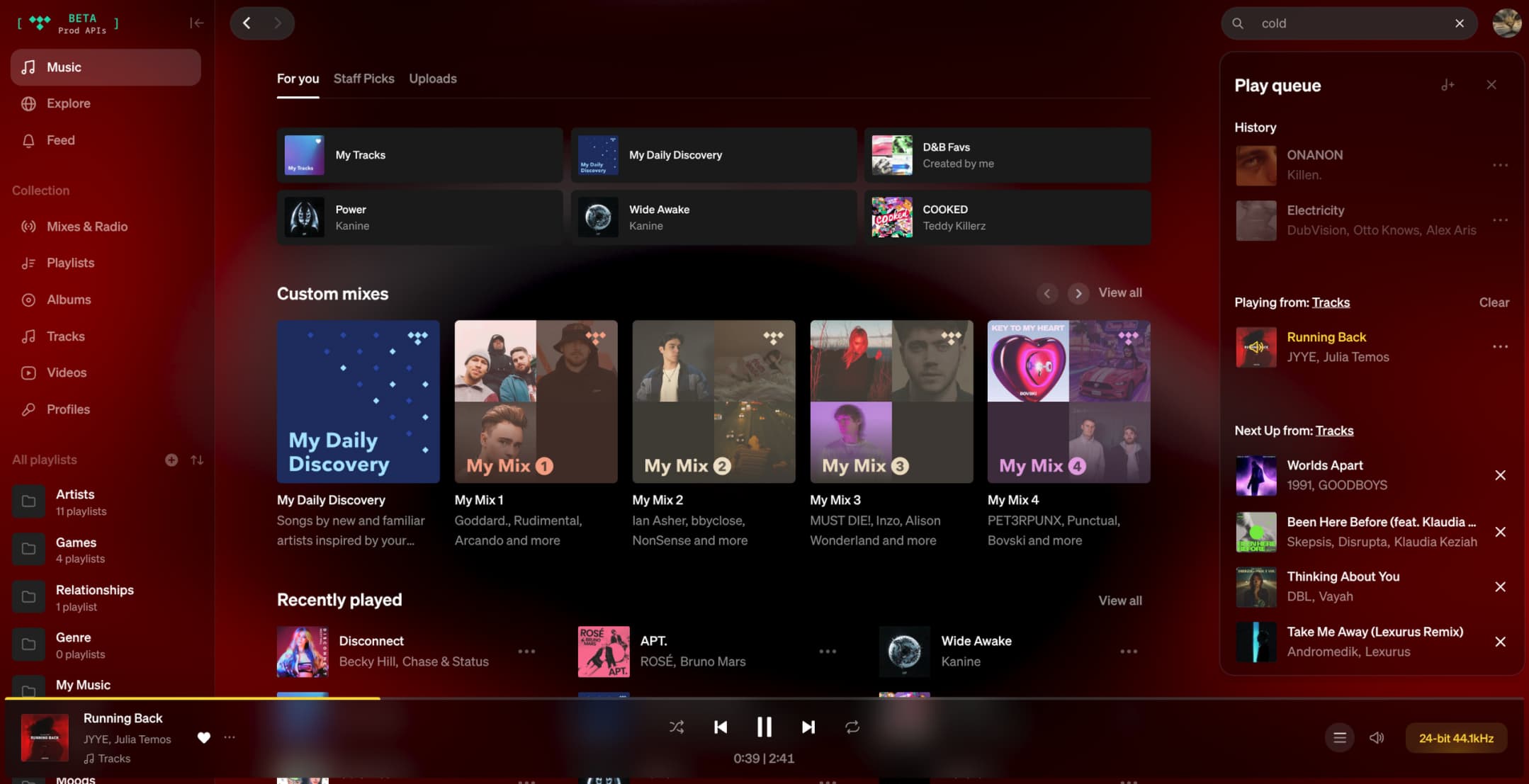 TIDAL home screen with the Radiant Lyrics cover art backdrop