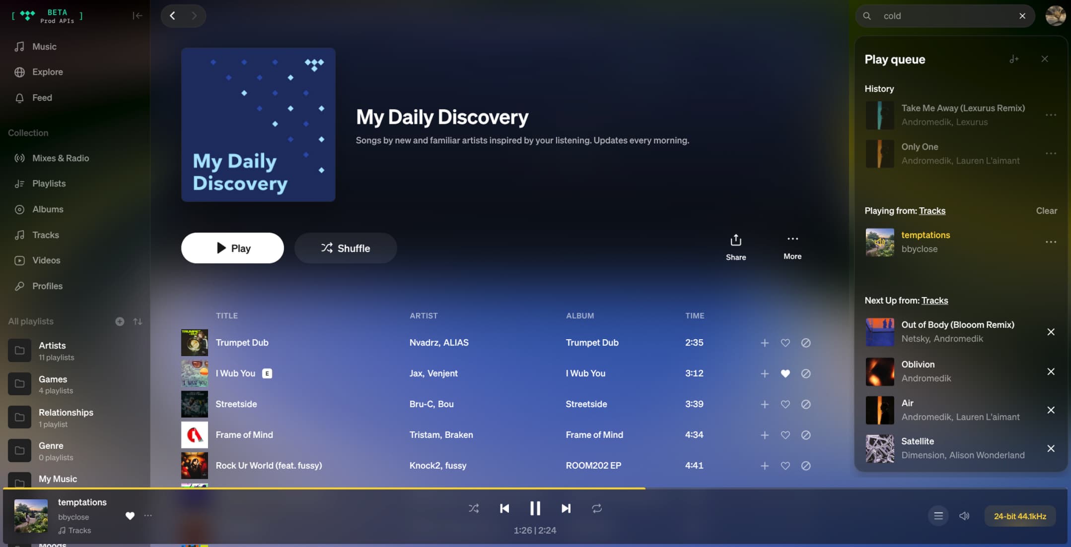 A TIDAL playlist page tinted by the Radiant Lyrics backdrop