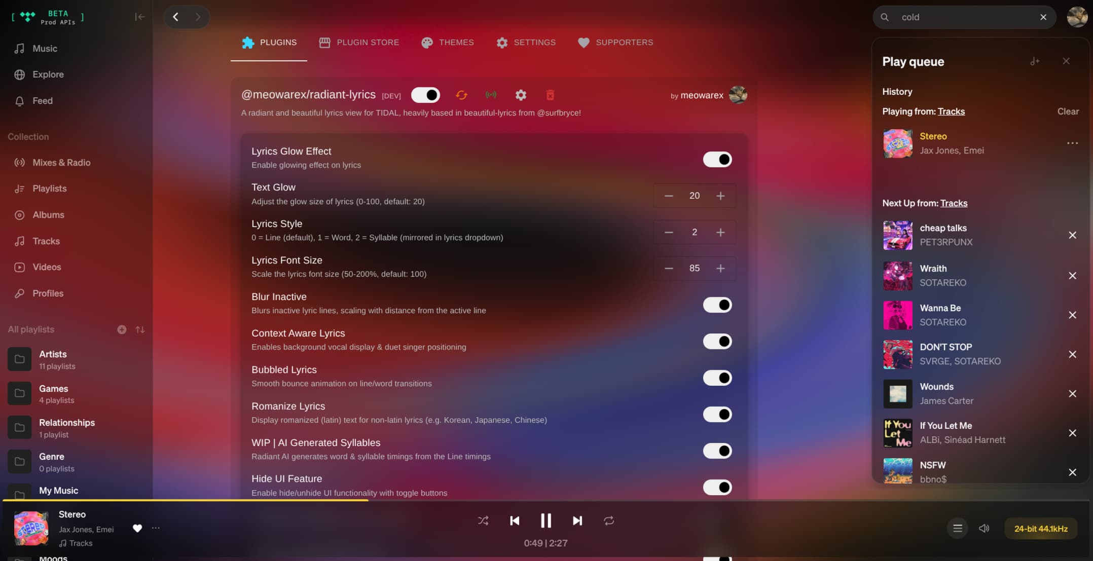The Radiant Lyrics settings panel inside TidaLuna