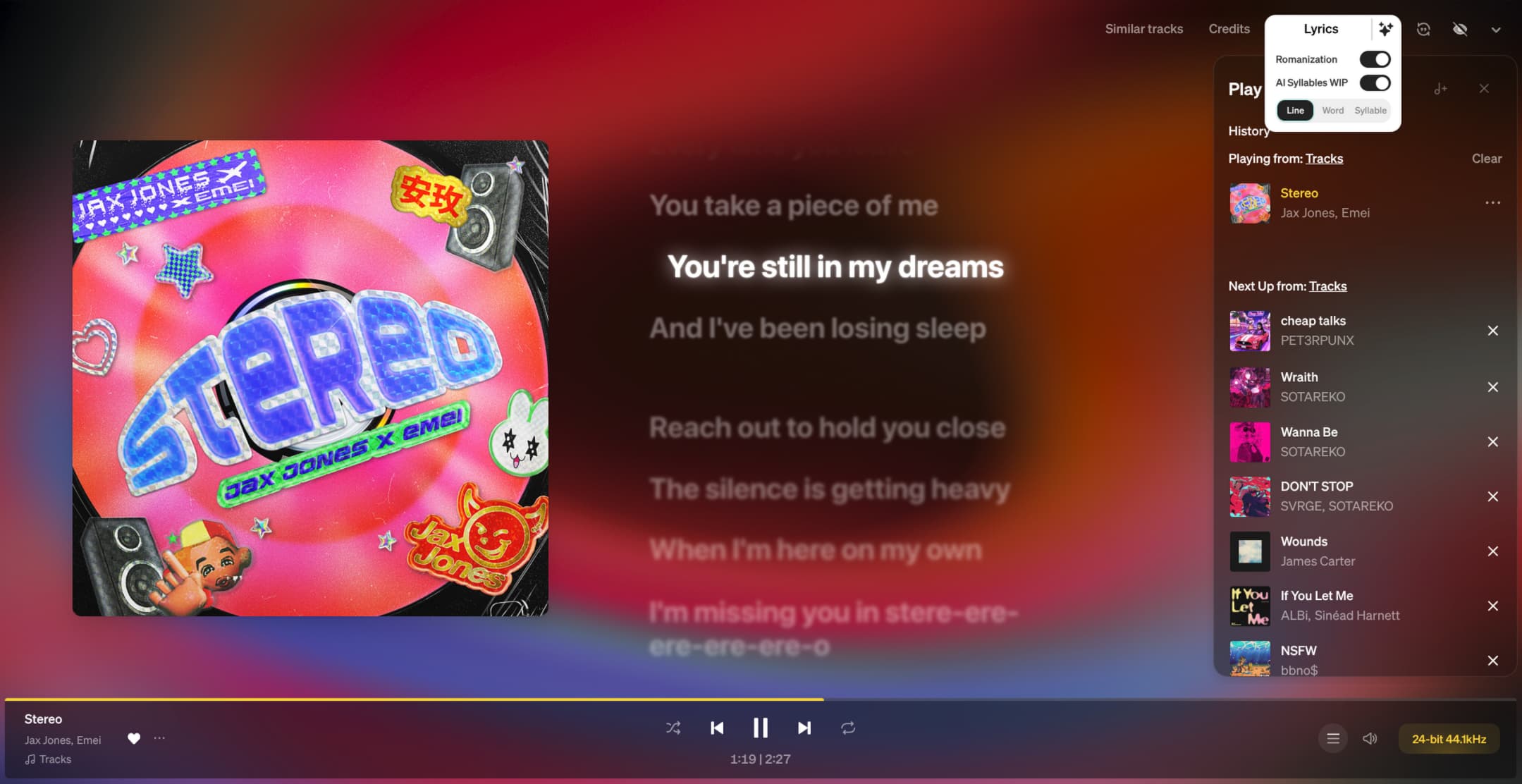 The lyrics menu showing romanization, AI syllables and timing modes