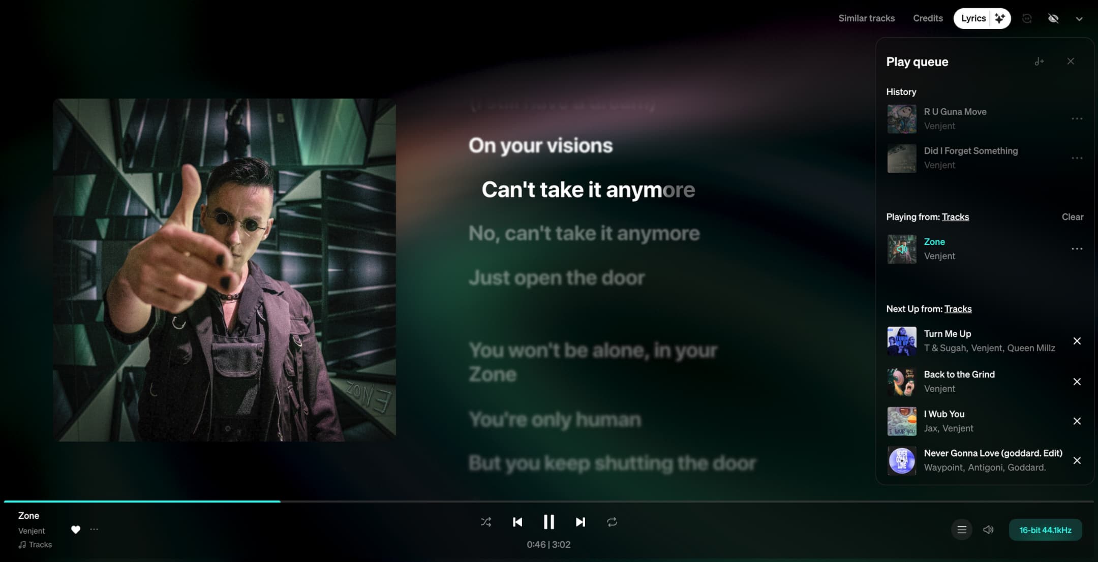 Radiant Lyrics now playing view with word level highlighting